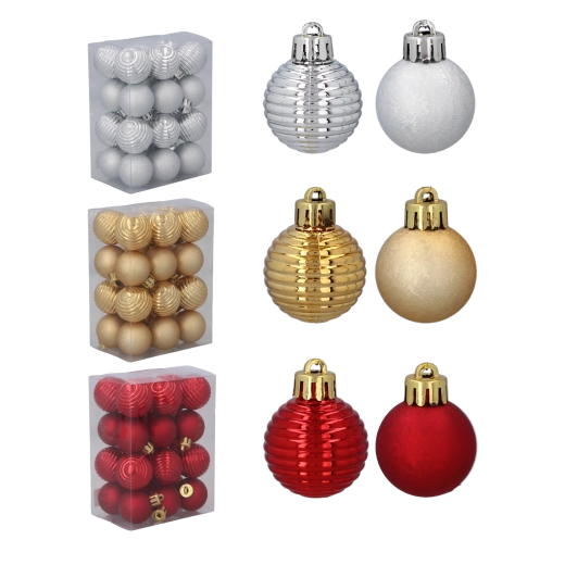 Juego de bolas navideñas de 3 cm – rojas, doradas y plateadas (24 uds)