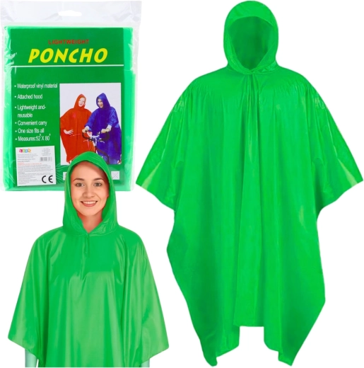 Poncho impermeable verde con capucha, reutilizable 132 × 203 cm