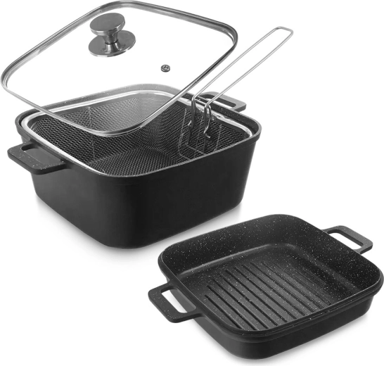 Olla cuadrada de granito con tapa de vidrio, sartén grill y cesta 4,5 l + 2 l, 4 piezas