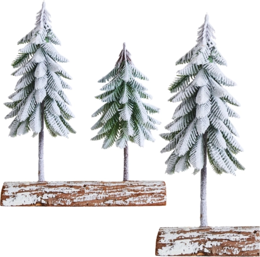 Composición navideña decorativa con arbolitos nevados sobre base de madera 34 × 28 cm