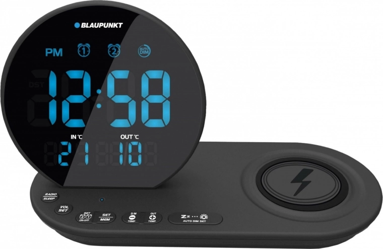 Radio despertador con FM, carga inalámbrica Qi y sensor de temperatura – negro