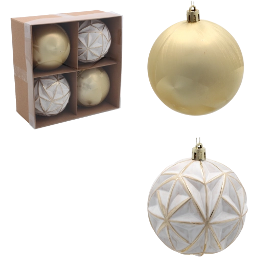 Juego de bolas navideñas de 8 cm blanco‑dorado (4 uds)