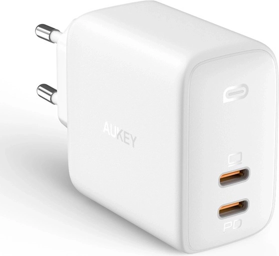 Cargador de red AUKEY Omnia Duo PA-B4, 2× USB‑C, Power Delivery 3.0, GaN, 65 W, blanco