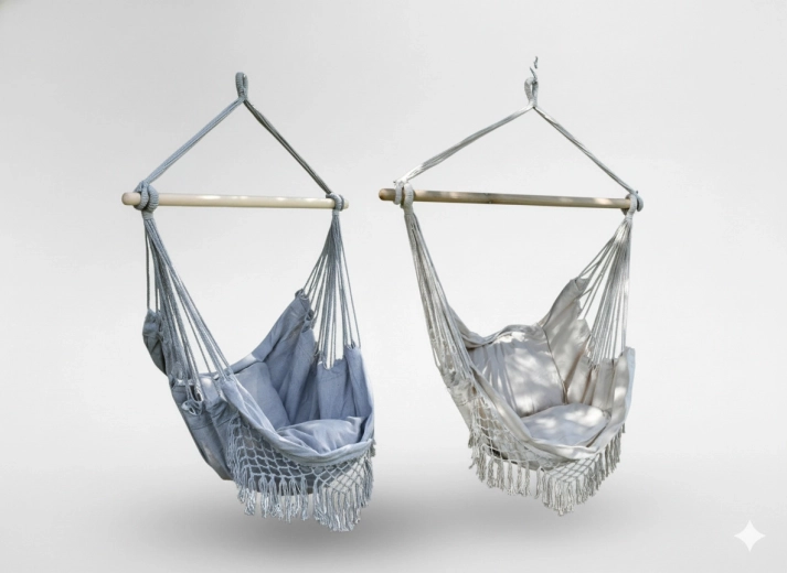 Silla colgante brasileña boho con cojines, 130 × 100 cm, beige‑gris