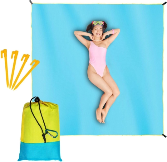 Alfombrilla de playa impermeable y manta de picnic 210 × 200 cm azul con ribete amarillo