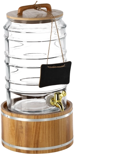 Dispensador decorativo de vidrio para bebidas con grifo de 7,5 l sobre base de madera
