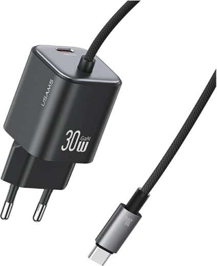 Cargador de red USAMS serie JC CC264 30 W GaN con cable USB‑C integrado (negro)