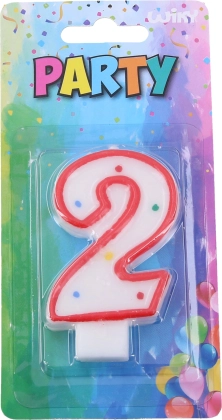 Vela de fiesta número 2 para tarta – blanca con borde rojo y lunares
