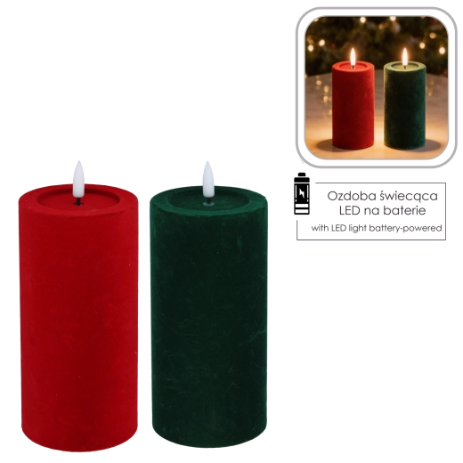 Vela LED con llama parpadeante, aterciopelada rojo-verde 7,5 × 18,5 cm - 1 pieza