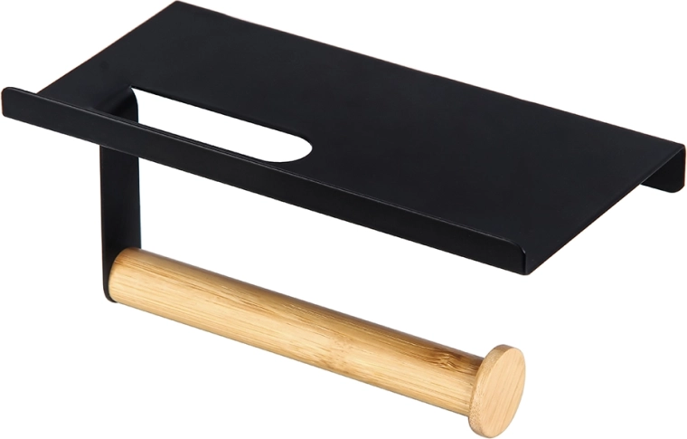Soporte metálico de pared para papel higiénico con estante para el teléfono, negro