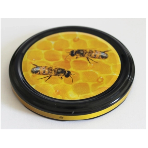 Tapa metálica Twist-off de 82 mm con abeja sobre flor de manzano, 6 garras