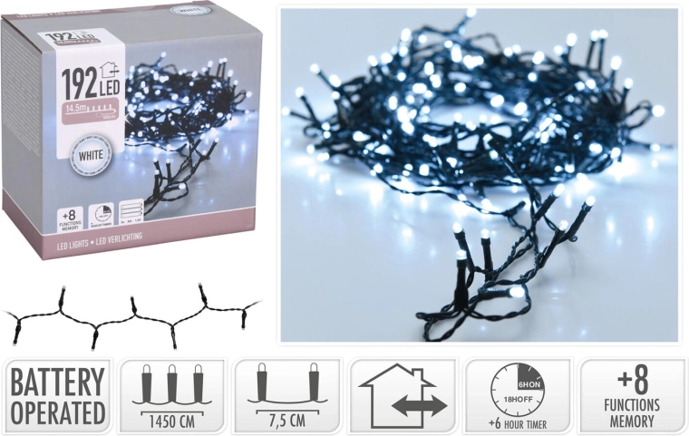 Cadena LED navideña 14,5 m, 192 diodos, blanco frío, 8 modos con temporizador, IP44