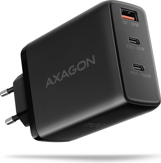 Cargador de red AXAGON GaN 100 W, 3 puertos (USB‑A + doble USB‑C), negro