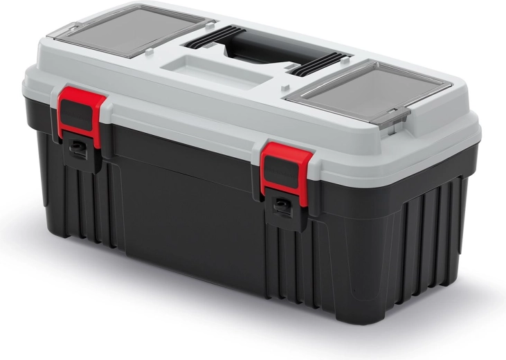 Maletín de herramientas de plástico con compartimentos e inserto, gris