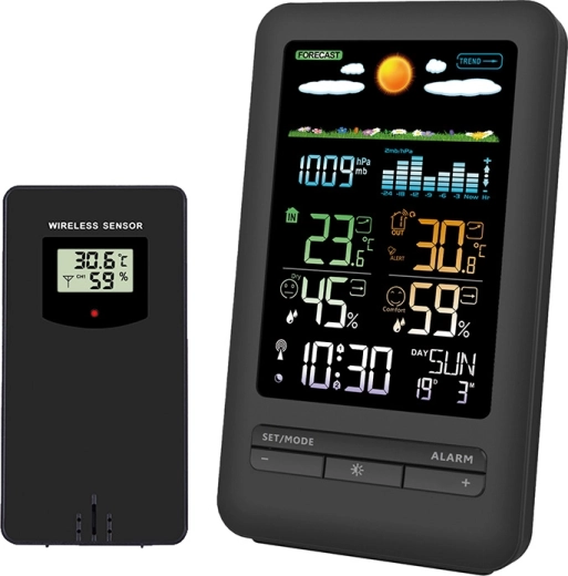 Estación meteorológica Solight con pantalla LCD en color, medición de temperatura, humedad y presión, negra