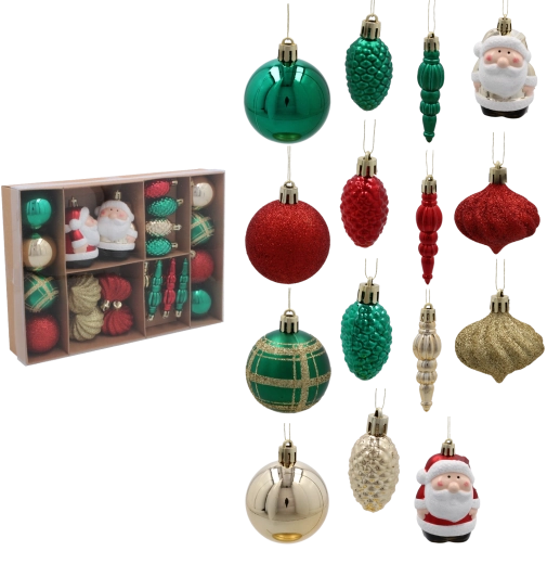Set de 24 adornos navideños en rojo, verde y dorado