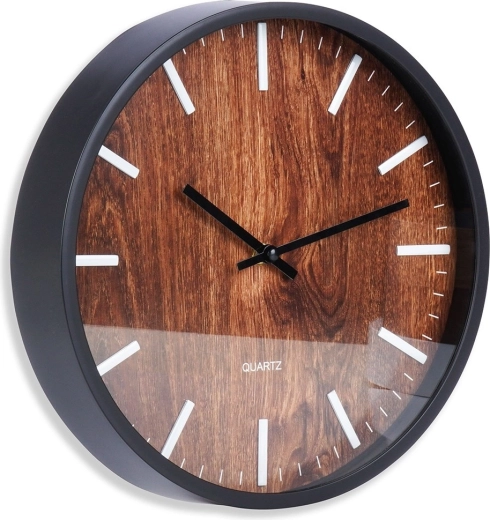 Reloj de pared negro de 29,5 cm con esfera decorada en madera