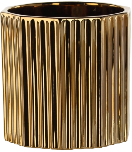 Cubremaceta cerámico 18 × 18 × 18 cm dorado con diseño a rayas