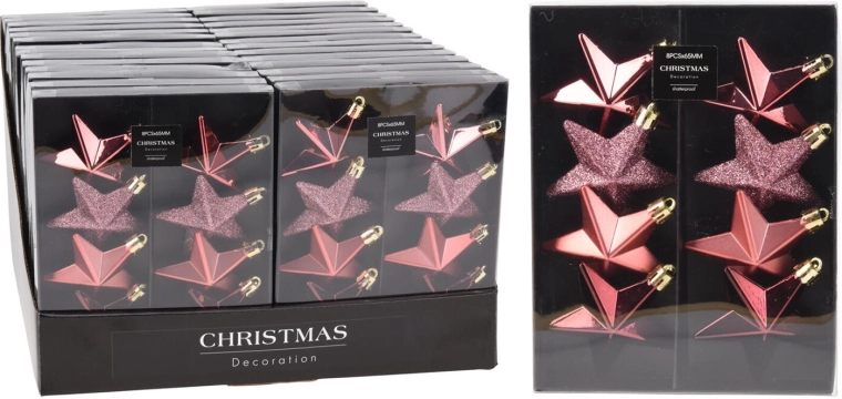 Adornos navideños estrellas 6,5 cm rosas, set de 8 uds.