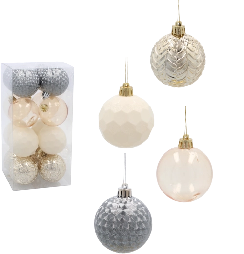 Set de bolas navideñas de 6 cm – 16 uds., champán, gris y blanco, CHOMIK