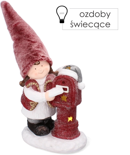 Figura navideña de niña con gorro rosa, buzón para cartas y luces LED de 45,5 cm