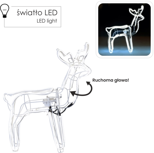 Reno navideño LED neón con cabeza móvil, blanco frío, 70 cm