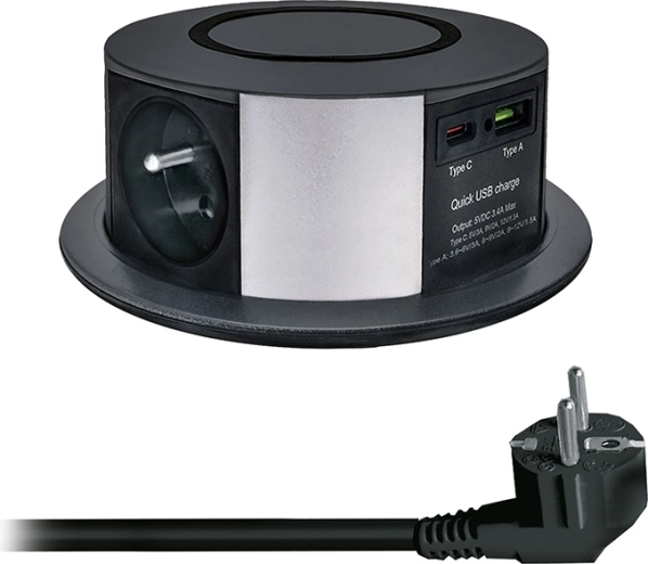 Solight bloque de enchufes extraíble con 3 tomas, USB-A/USB-C PD de 20 W y carga inalámbrica Qi de 10 W, 2 m, negro