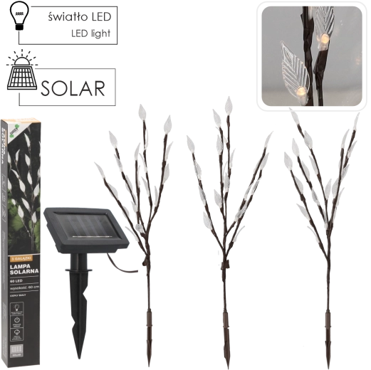 Lámpara solar de jardín de 60 cm con 3 ramitas, 60 LED blanco cálido