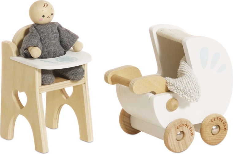 Le Toy Van: habitación infantil de madera para casa de muñecas con bebé