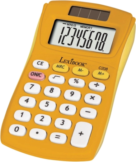 Calculadora de bolsillo Lexibook con superficie de goma amarilla