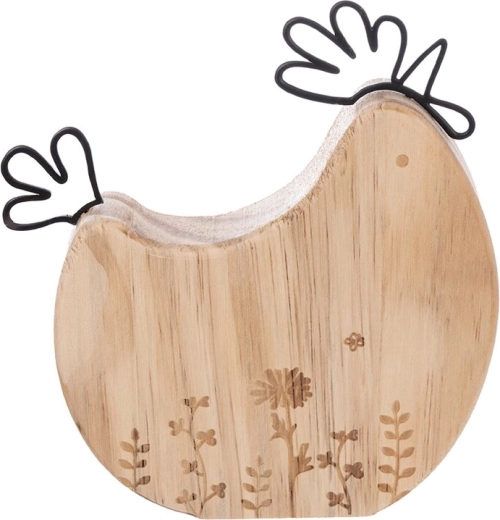 Decoración Gallina de madera y metal con flor, marrón
