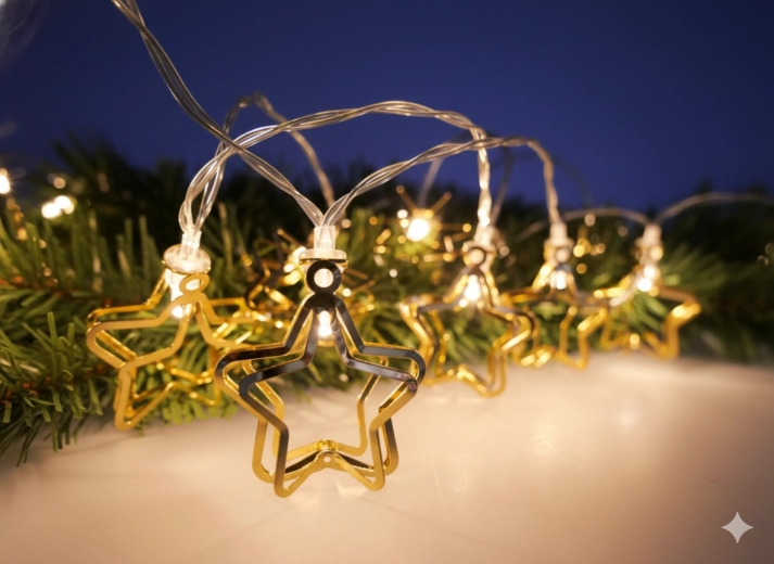 Guirnalda luminosa LED con estrellas metálicas doradas 3D, 10 LED, a pilas