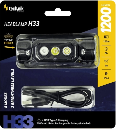 Linterna frontal Technik H33 con LED SST20 y USB‑C (1200 lm)