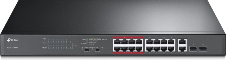 Conmutador PoE+ de 16 puertos TL-SL1218MP con puertos RJ45 gigabit y ranuras SFP