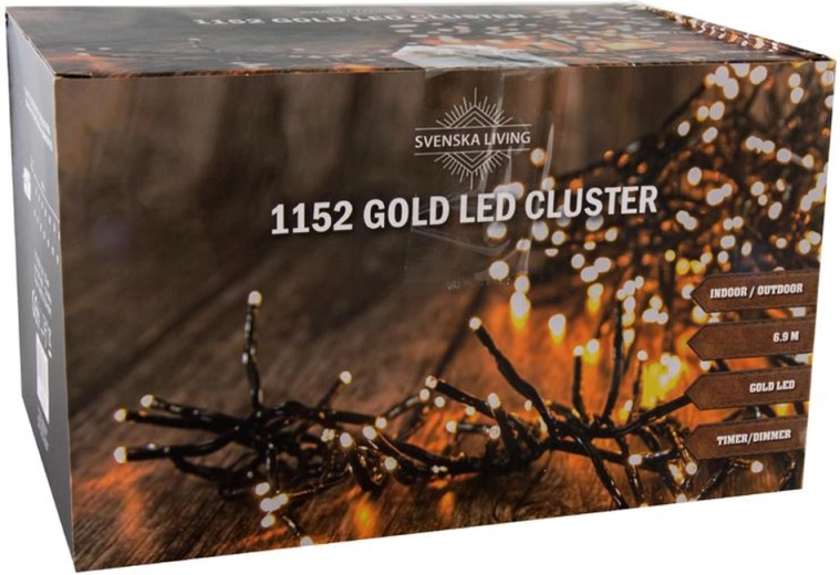 Guirnalda luminosa navideña 1152 LED clúster 6,9 m, dorado cálido