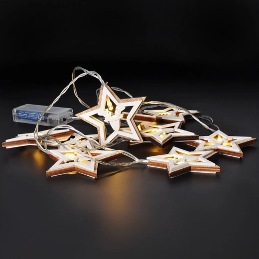 Cadena de luces navideñas LED Solight con estrellas de madera, 1,5 m, 10 LED, blanco cálido