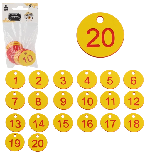 Juego de números para colmenas 1–20, fichas de plástico con agujero, 3,5 cm