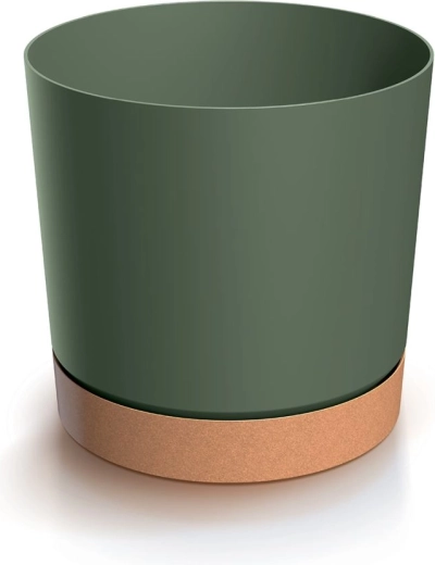 Maceta con plato TUBO ECO Wood 10,8 cm verde oscuro