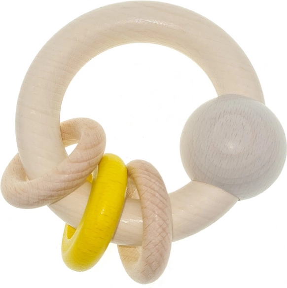Sonajero de madera Hess con bolita y anillas amarillas