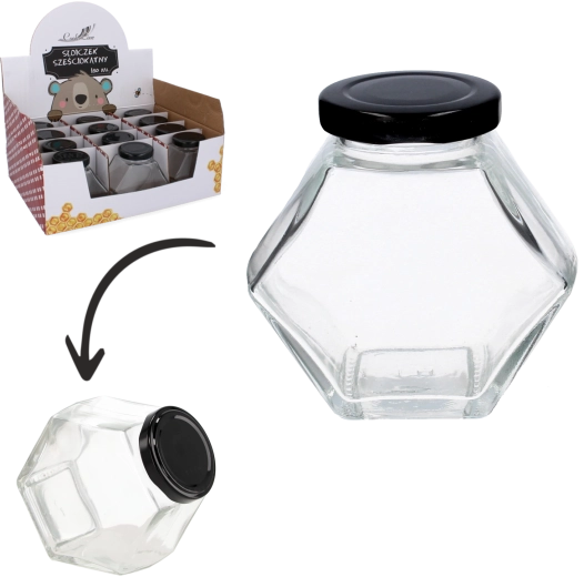 Tarro hexagonal de vidrio con tapa de rosca 180 ml
