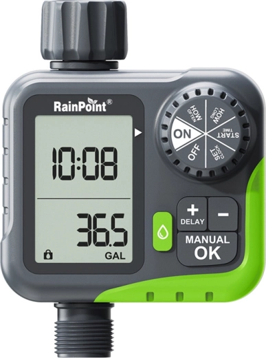Controlador de riego RainPoint con medidor de consumo de agua