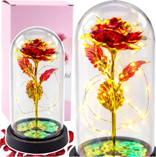 Rosa roja eterna en una cúpula de vidrio con iluminación LED