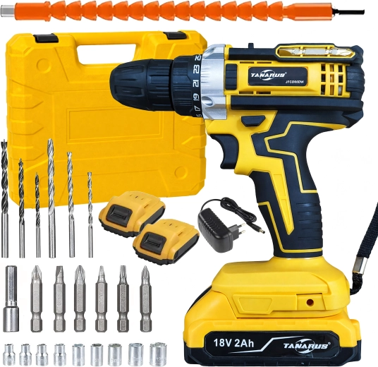 Taladro/atornillador a batería 18 V con LED, 2× 2 Ah y maletín con accesorios