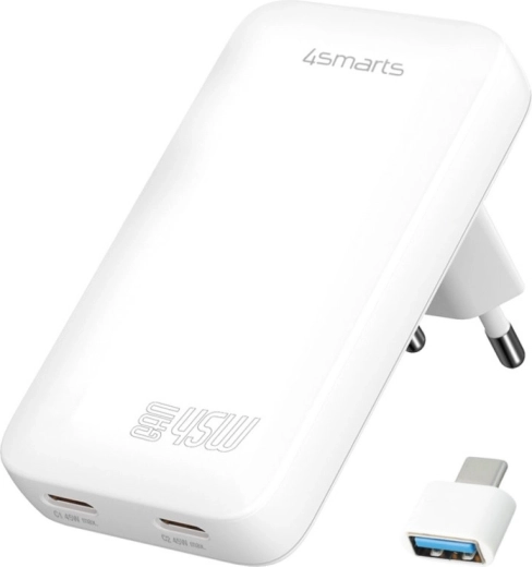 Cargador de red 4smarts FlatPlug Dual 45 W GaN, 2× USB‑C, blanco