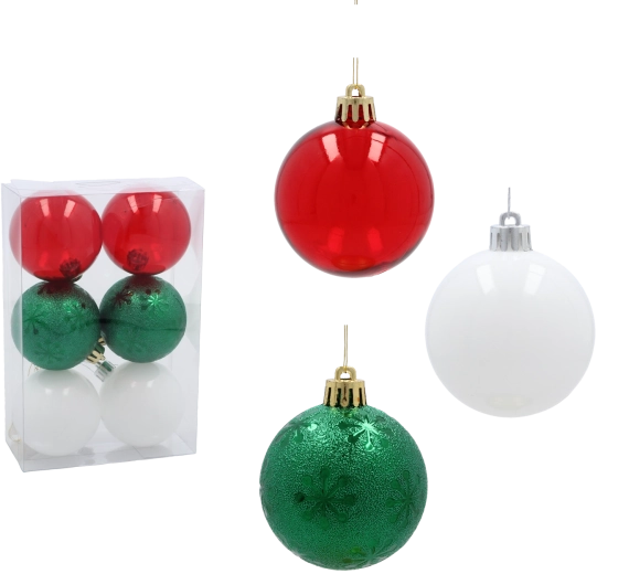 Juego de bolas navideñas de 6 cm – roja, verde y blanca (6 uds.)