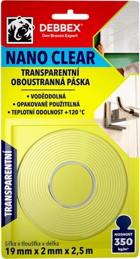 Cinta nano transparente de doble cara 19 × 2 mm, 2,5 m