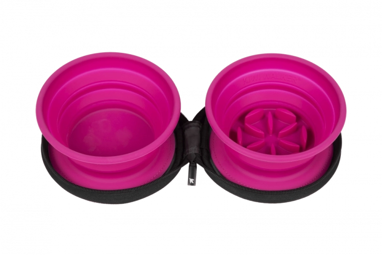 Comedero doble de viaje con slow feeder KIWI WALKER – rosa, 2 uds.