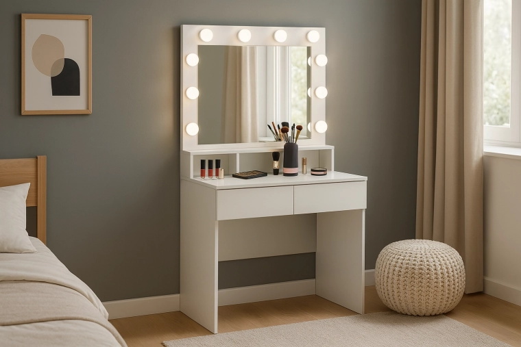 Tocador cosmético blanco con espejo LED y compartimentos