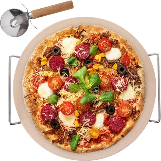 Piedra refractaria para pizza con soporte y cortador, set de 3 piezas