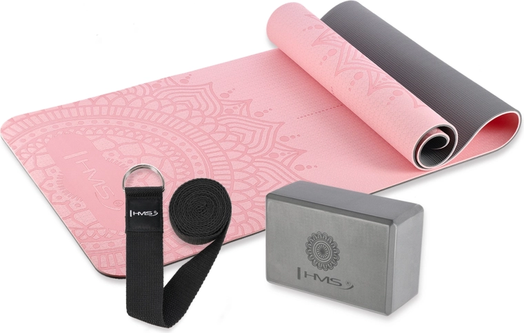 Set rosa de yoga HMS: esterilla, bloque y correa